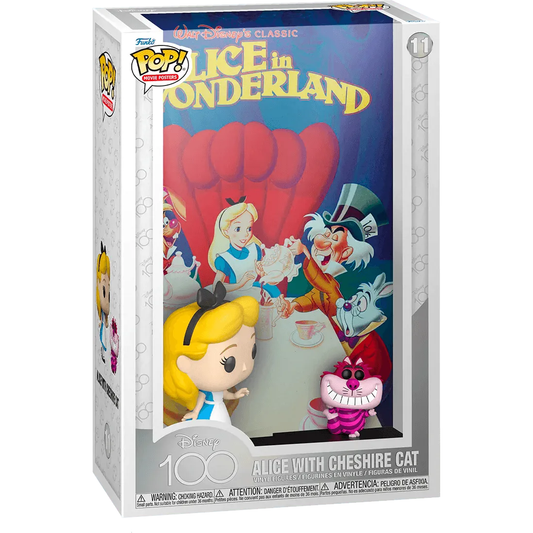 The Disney 100th - Alice in Wonderland Pop! Poster set features a Funko Pop! figure of Alice and the Cheshire Cat, with packaging adorned in colorful Disney artwork. Its a must-have for collectors celebrating Disneys 100th Anniversary.
