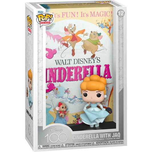 Celebrate Disneys 100th Anniversary with the Disney 100th - Cinderella with Jaw Pop! Poster figure, featuring Cinderella and Jaq in a toy box against a Walt Disneys Cinderella poster. The packaging exclaims, Its Fun! Its Magic! Bright and enchanting for every collector.