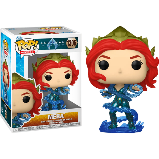 The Aquaman and the Lost Kingdom - Mera Pop! Vinyl features Mera with striking red hair, a green crown, and a blue water-themed outfit. Displayed next to its Pop! Movies box labeled Aquaman, its perfect for collectors.