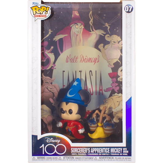 The Disney - Fantasia (Sorcerers Apprentice Mickey with Broom) Pop! Poster displays Mickey in a blue hat and red robe alongside the enchanted broom, embodying Disney magic. The packaging features movie-themed artwork.