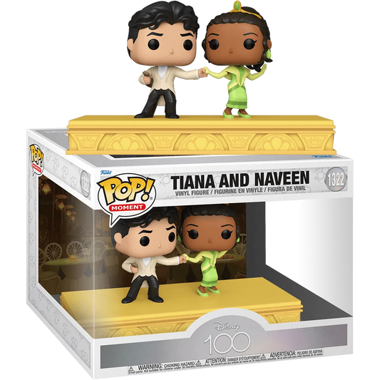 The Disney 100th - Tiana & Naveen Pop! Moment showcases the duo dancing on a yellow platform, with packaging celebrating Disneys 100th Anniversary featuring Disney 100 branding and a ballroom background.