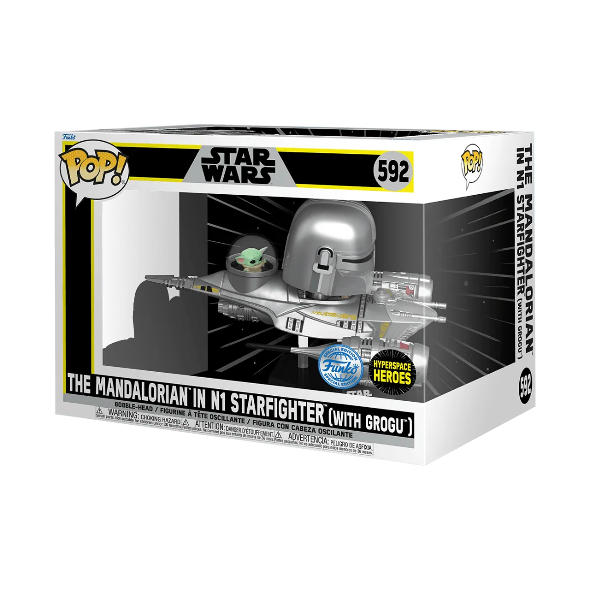 The Star Wars - The Mandalorian and Grogu in N1 Starfighter US Exclusive Pop! Ride [RS] features the captivating duo in a sleek silver starfighter, with the Pop! logo, Star Wars branding, and 592 on the box.