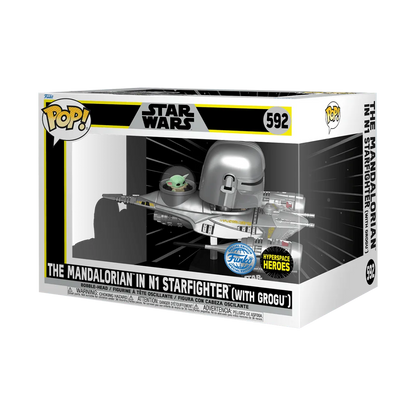 The Star Wars - The Mandalorian and Grogu in N1 Starfighter US Exclusive Pop! Ride [RS] features the captivating duo in a sleek silver starfighter, with the Pop! logo, Star Wars branding, and 592 on the box.