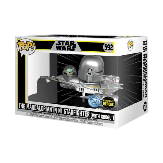 The Star Wars - The Mandalorian and Grogu in N1 Starfighter US Exclusive Pop! Ride [RS] features the captivating duo in a sleek silver starfighter, with the Pop! logo, Star Wars branding, and 592 on the box.