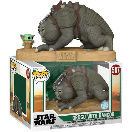 The Star Wars: Book of Boba Fett - Rancor with Grogu is a US Exclusive 10 Pop! Vinyl figure featuring Grogu on a Rancor, encased in a clear window box, and is well-loved by Star Wars fans.