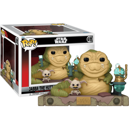 Celebrate the 40th Anniversary of Star Wars: Return of the Jedi with Funko Pop! Movie Moment featuring Jabba seated with Salacious. Includes two small creatures and a hookah-like accessory, beautifully boxed with matching branding and design.