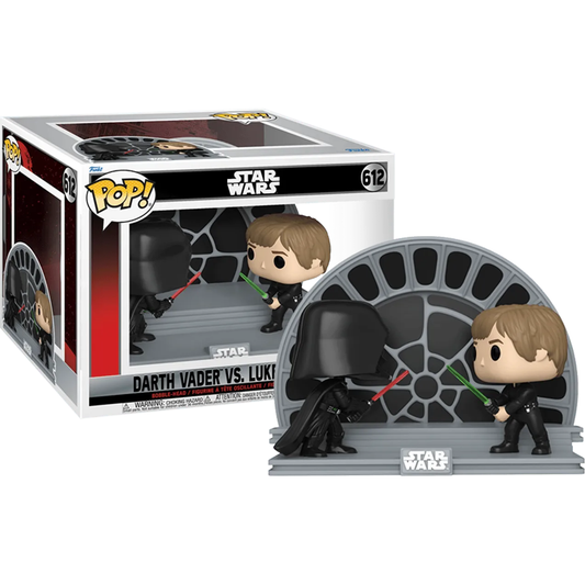 The Star Wars: Return of the Jedi 40th Anniversary - Luke vs Vader Pop! Moment features a diorama of Pop! Darth Vader and Pop! Luke Skywalker in a lightsaber duel with a detailed Death Star window backdrop, complete with the iconic Star Wars branding.