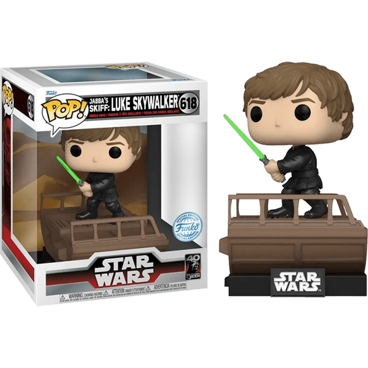This exclusive Star Wars: Return of the Jedi collectible showcases a Funko Pop! Deluxe figure of Luke Skywalker, standing on a skiff platform with his green lightsaber, numbered 618 and featuring the Star Wars 40 logo in a display box labeled Jabbas Skiff: Luke Skywalker.