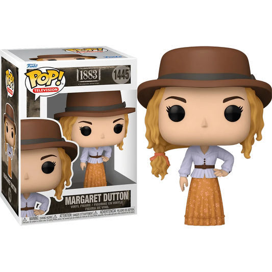 The 1883 - Margaret Dutton Pop! Vinyl captures her essence with a brown hat, white blouse, orange skirt, and long wavy blonde hair. Numbered 1445, this collectible from the Paramount series 1883 is essential for fans.