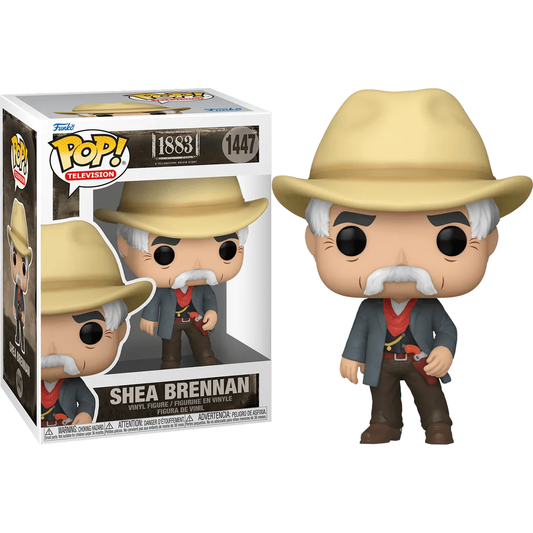 The 1883 - Shae Brennan Pop! Vinyl figure, number 1447, portrays him with a tan cowboy hat, gray coat, classic red shirt, white scarf, and white mustache.