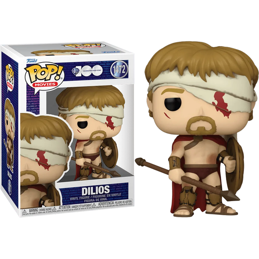 The 300 - Dilios WB100 Pop! Vinyl collectible depicts a Spartan warrior with a headband, red cape, shield, and sword. The box features Dilios with Pop! Movies branding and number 1472, capturing the essence of the Battle of Thermopylae in intricate detail.
