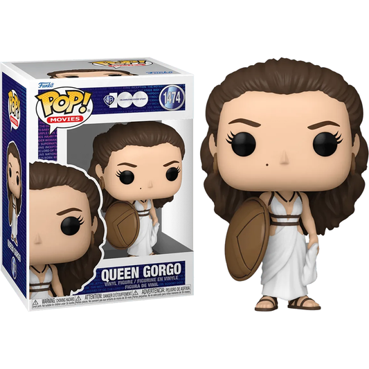 The 300 - Queen Gorgo WB100 Pop! Vinyl features a cartoonish design, brown hair, and a shield. Dressed in a white robe with blue accents, this collectible figure is boxed and labeled Queen Gorgo with the number 1474.