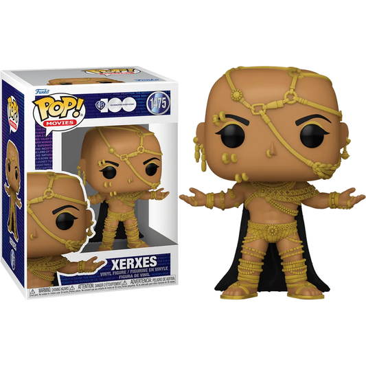 Meet the 300 - Xerxes WB100 Pop! Vinyl, a majestic god-king figurine from Pop! Movies (#1475). Adorned in golden jewelry and attire, it captures Xerxes iconic stance. This collectible comes in its packaging set against a crisp white backdrop—a must-have for 300 movie fans.
