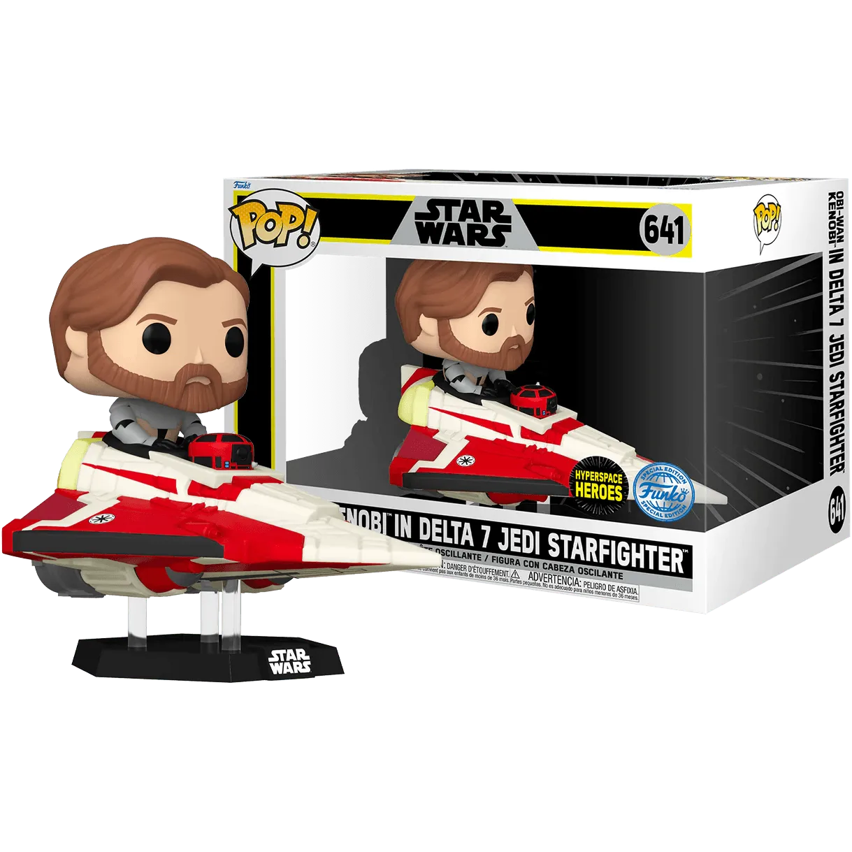 The Star Wars: The Clone Wars - Obi-Wan in Delta 7 US Exclusive Pop! Ride [RS] figure features Obi-Wan Kenobi piloting a red and white Delta 7 Jedi Starfighter. It is displayed in front of its box, with the Funko Pop! logo and Obi-Wan in Delta 7 Jedi Starfighter #641 label.
