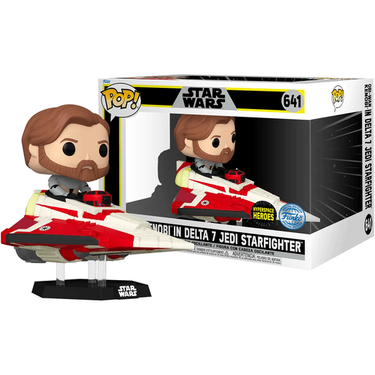 The Star Wars: The Clone Wars - Obi-Wan in Delta 7 US Exclusive Pop! Ride [RS] figure features Obi-Wan Kenobi piloting a red and white Delta 7 Jedi Starfighter. It is displayed in front of its box, with the Funko Pop! logo and Obi-Wan in Delta 7 Jedi Starfighter #641 label.