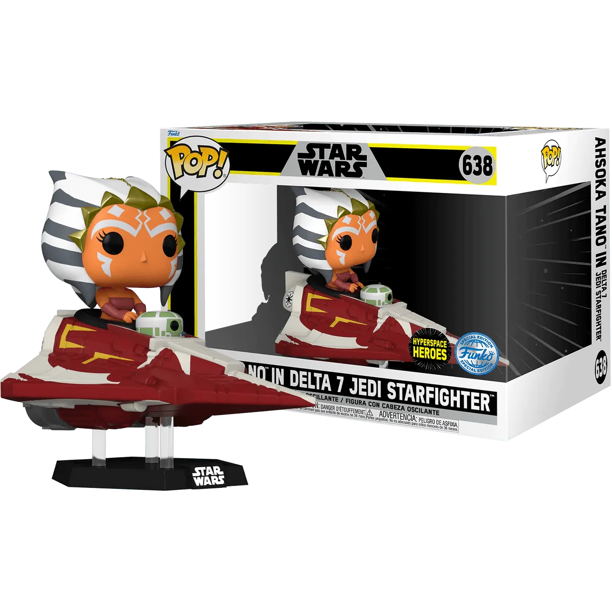 The Star Wars The Clone Wars - Ahsoka in Delta 7B US Exclusive Pop! Ride [RS] features Ahsoka piloting a red and white Delta 7B Starfighter and is numbered 638, encapsulating an iconic scene for collectors.