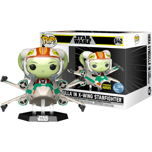 Explore the Star Wars: Rebels - Hera in X-Wing US Exclusive Pop! Ride [RS], featuring a collectible figure of Hera Syndulla with green skin and a red-striped helmet, piloting an X-Wing. The base has the Star Wars logo with Hyperspace Heroes and arrives in box number 642.