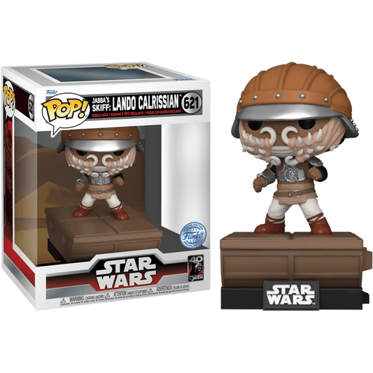 The Star Wars: Return of the Jedi - Lando Calrissian US Exclusive Pop! Deluxe features Lando in his Skiff Guard disguise, part of the Build-A-Scene Collection with a detailed helmet and armor, displayed with Jabbas Skiff box #621.