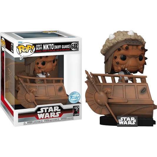 The Star Wars: Return of The Jedi - Nikto US Exclusive Build-A-Scene Pop! Deluxe [RS] features a figurine of Nikto (Skiff Guard) with detailed textured headgear and weapon, displayed on a brown skiff in a box labeled as Nikto Exclusive Jabbas Skiff.