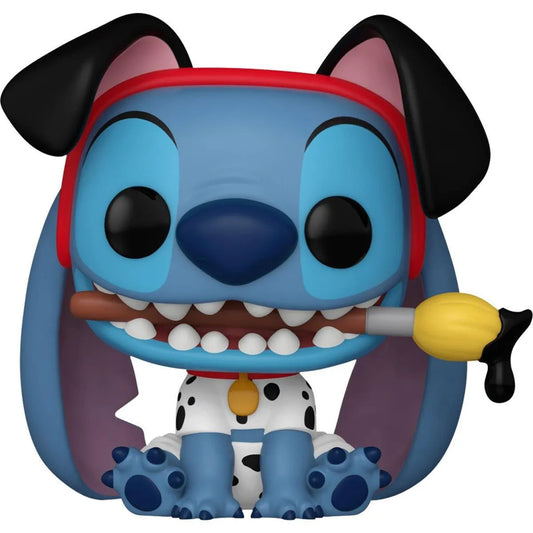 A cartoon-style blue dog with long ears and a red headband holds a yellow paintbrush in its mouth, resembling the Disney - Stitch Pongo Costume Pop! Vinyl. It captures the charm of Disney collectibles with dalmatian-like spots on its legs and rests on its hind legs.