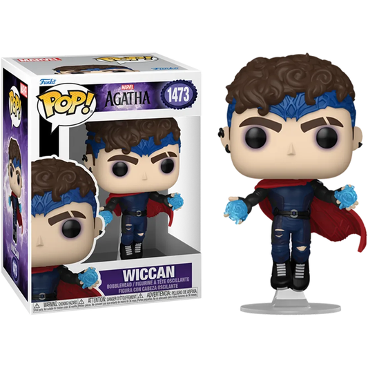 The Agatha All Along (TV) - Wiccan Pop! Vinyl figure, number 1473, features curly brown hair, a blue headband, glowing blue hands, a red cape, and a dark outfit. It comes in a matching box and is perfect for any Marvel Cinematic Universe fan.