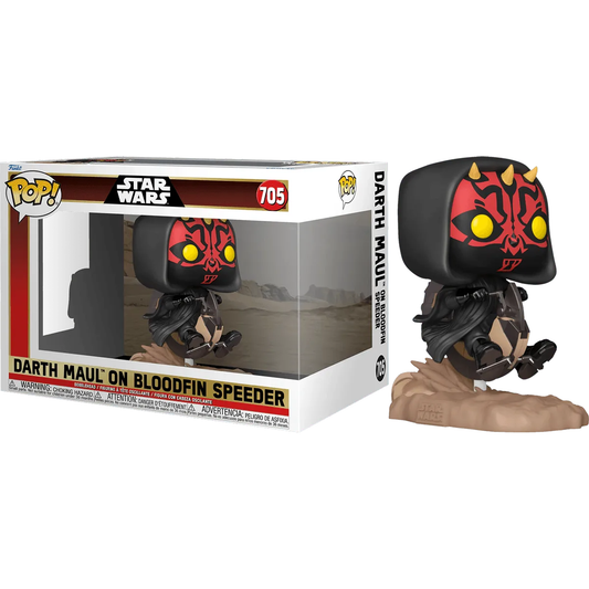 The Star Wars: Phantom Menace 25th Anniversary - Darth Maul on Bloodfin Pop! Ride presents Maul with red and black features, yellow eyes, and horns in a crouching pose, perfectly displayed in its iconic Star Wars box for fans of the legendary saga.