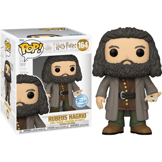 Exclusive 6 Hagrid Pop! Vinyl from Harry Potter, featuring bearded Rubeus Hagrid in a brown coat with a pink object, alongside its display box labeled Harry Potter - Hagrid with Letter US Exclusive 6 Pop! Vinyl [RS] and numbered 164.