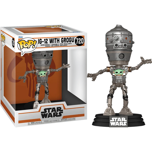 The Star Wars - IG-12 with Grogu Pop! Deluxe is a collectible Pop! figure from The Mandalorian series, showcasing an open chest with Grogu. Numbered 720, its displayed inside and outside its branded packaging.