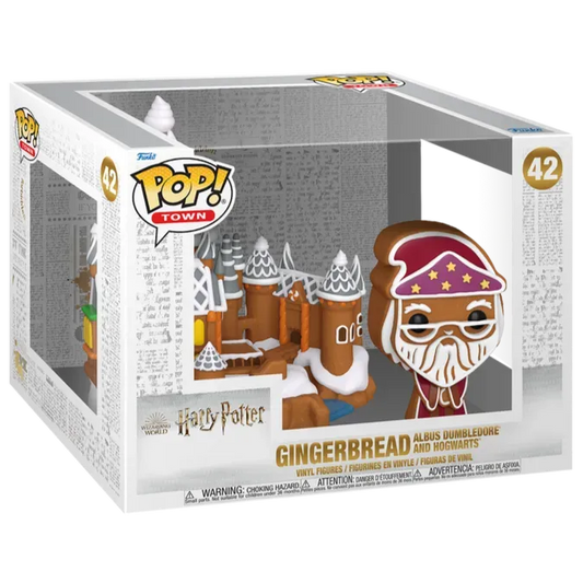 The exclusive Harry Potter - Albus Dumbledore with Hogwarts (Gingerbread) Pop! Town, number 42, features a charming gingerbread design with Dumbledore beside the castle.