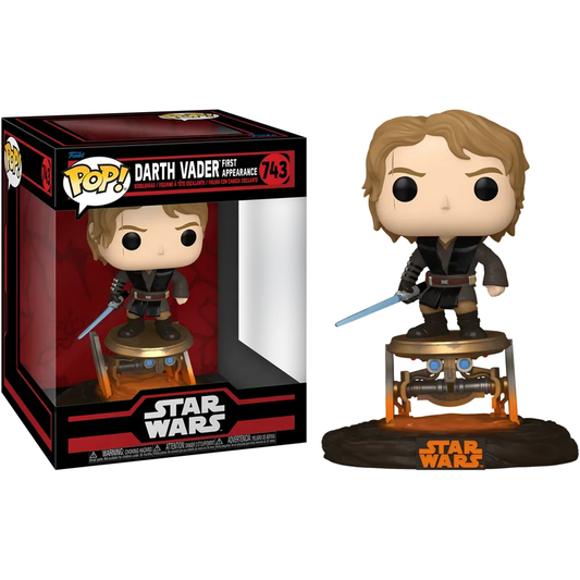 This Star Wars collectible includes the Darth Vader Pop! Ride from Funkos First Appearance collection, number 543, featuring him with a blue lightsaber artfully posed on a platform with the box displayed beside it.