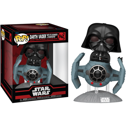 The Star Wars: Darkside - Darth Vader with TIE Advanced x1 Starfighter Pop! Ride features a large-headed figure next to its box adorned with black and red Star Wars designs, showcasing the intricately detailed ship base.