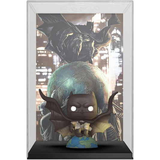 The DC Comics - Batman The World Pop! Comic Cover features a stylized Batman figure on a globe with bat wings, set against a backdrop of an illustrated comic cover where Batman holds a globe before a cityscape.