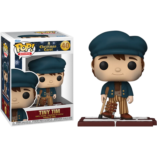 Funko Pop! figure of Tiny Tim from A Christmas Carol features him in festive attire with a crutch. This Glow Pop! Vinyl comes in a box labeled Ghost of Christmas Past, with matching illustrations.